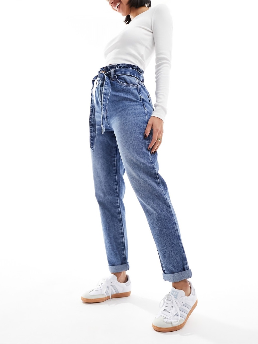 New Look Mid Blue Paperbag Tie-Waist Boyfriend Jeans